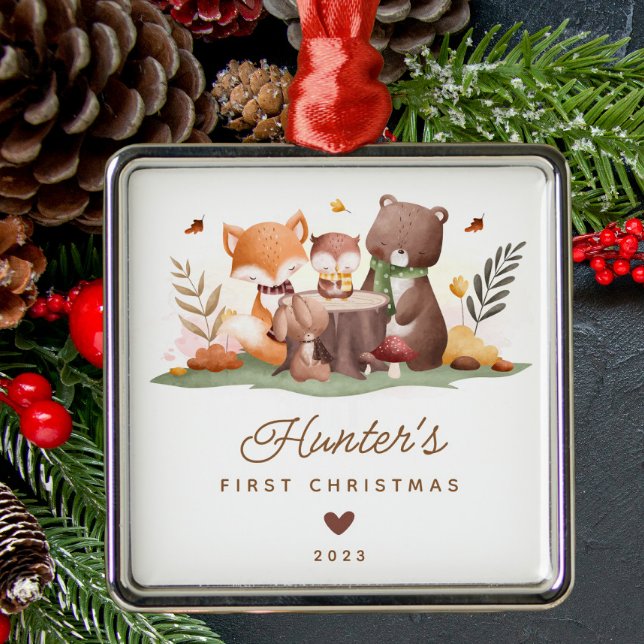 Woodland Animals Baby's First Christmas Ornament Aus Metall (Von Creator hochgeladen)