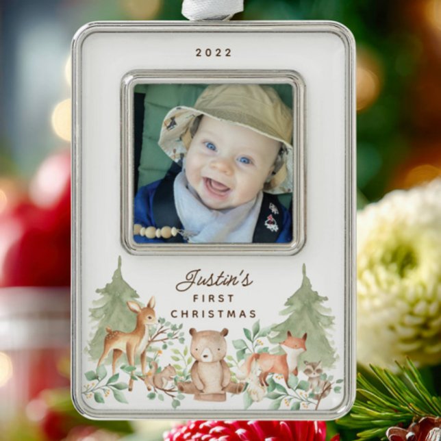 Woodland Animals Baby's First Christmas Ornament Rahmen-Ornament Silber (Von Creator hochgeladen)