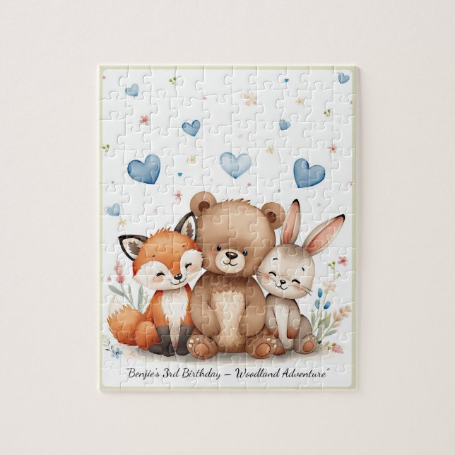 Woodland Animals Bear Fox Bunny Blue Hearts Puzzle (Vertikal)