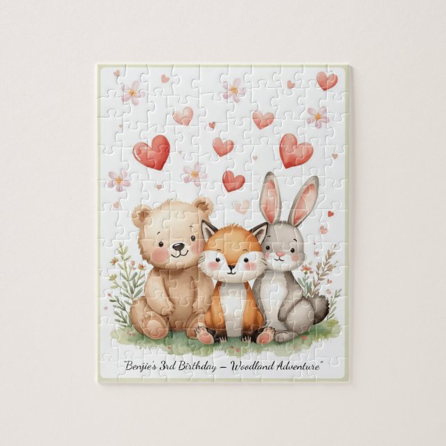Woodland Animals Bear Fox Bunny Floral Heart Puzzle (Vertikal)