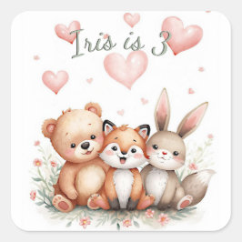 Woodland Animals Bear Fox Bunny Pink Hearts Girl Quadratischer Aufkleber