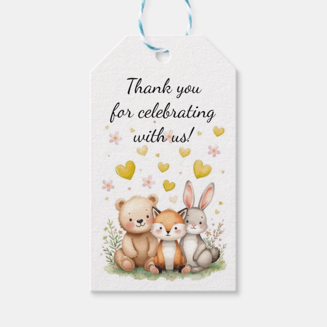 Woodland Animals Birthday Bear Fox Bunny Yellow Geschenkanhänger (Vorderseite)