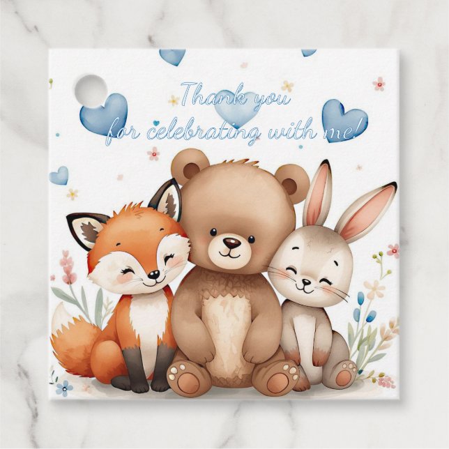 Woodland Animals Birthday Boy Blue Hearts Party Geschenkanhänger (Vorderseite)