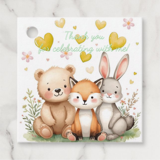 Woodland Animals Birthday Boy Yellow Hearts Party Geschenkanhänger (Vorderseite)