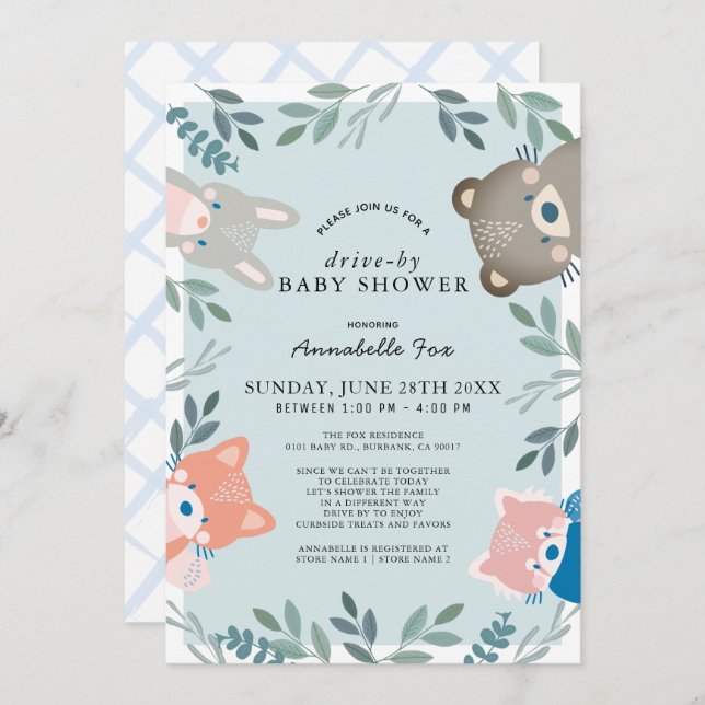 Woodland Animals Blue Boy Drive-by Baby Shower Einladung (Vorne/Hinten)