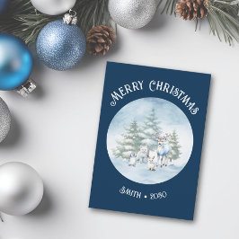 Woodland Animals Blue Christmas Flat Holiday Card Feiertagskarte