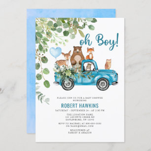 Woodland Animals Blue Truck Baby Dusche Einladung