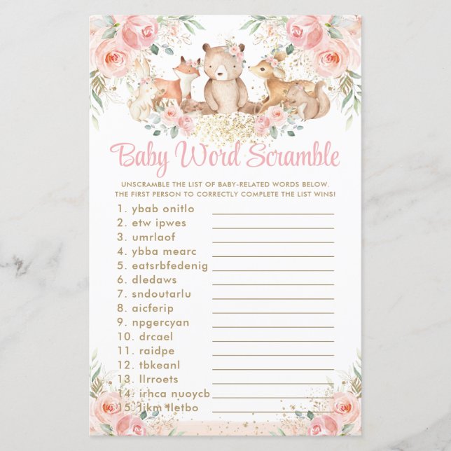 Woodland Animals Blush Bloral Baby Word Scramble (Vorderseite)