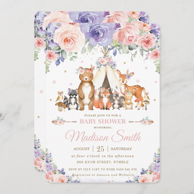 Woodland Animals Blush Lilac Floral Baby Dusche Einladung (Vorne/Hinten)