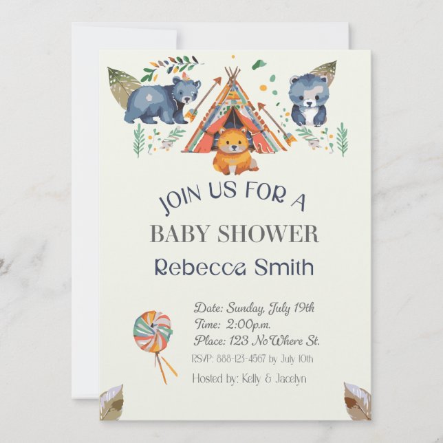 Woodland Animals Boho Kinderdusche Einladung (Vorderseite)