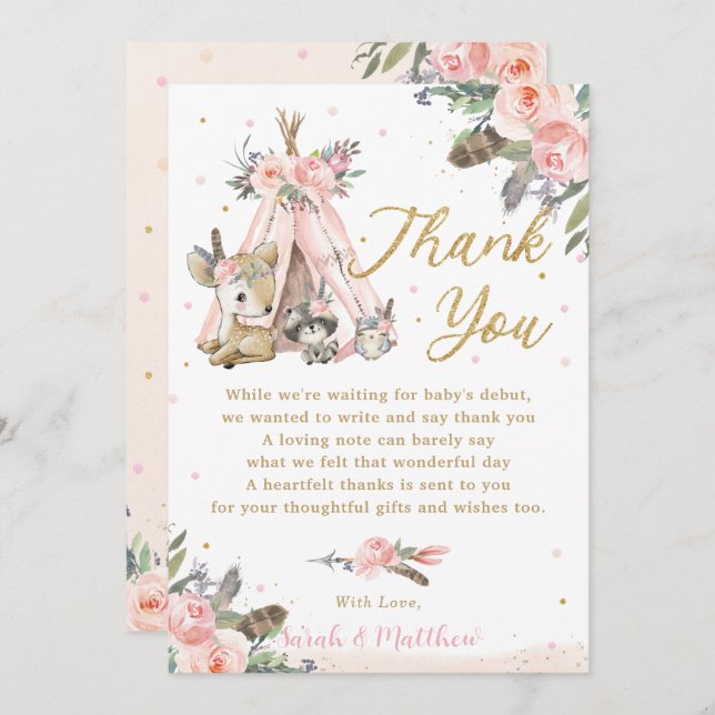 Woodland Animals Boho Tribal Baby Showday Dankeskarte (Vorne/Hinten)