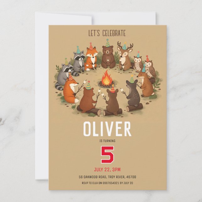 Woodland Animals Campfire Birthday Party Einladung (Vorderseite)
