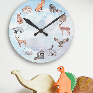 Woodland Animals Children's Room Deer Fox Rabbit Runde Wanduhr