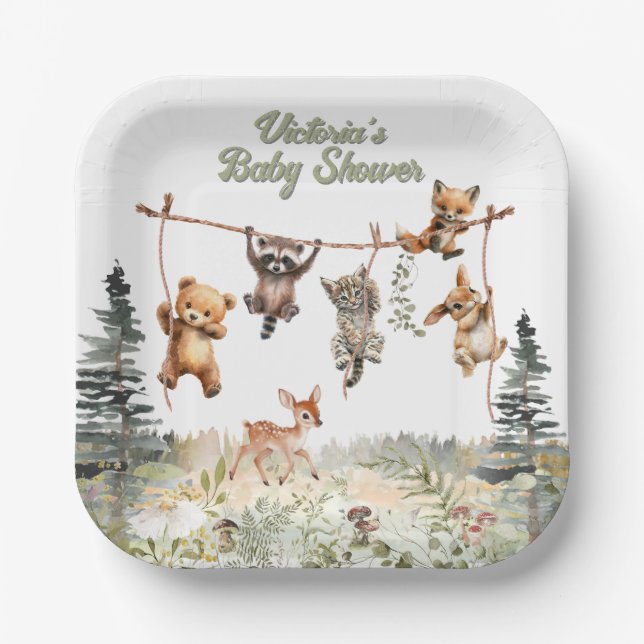 Woodland Animals Clothesline Forest Baby Dusche Pappteller (Vorderseite)