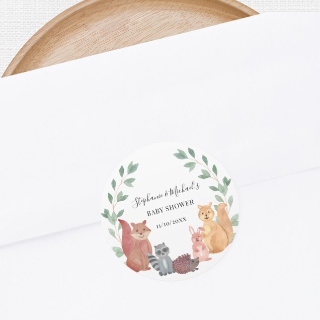 Woodland Animals Couple's Baby Shower Runder Aufkleber (Von Creator hochgeladen)