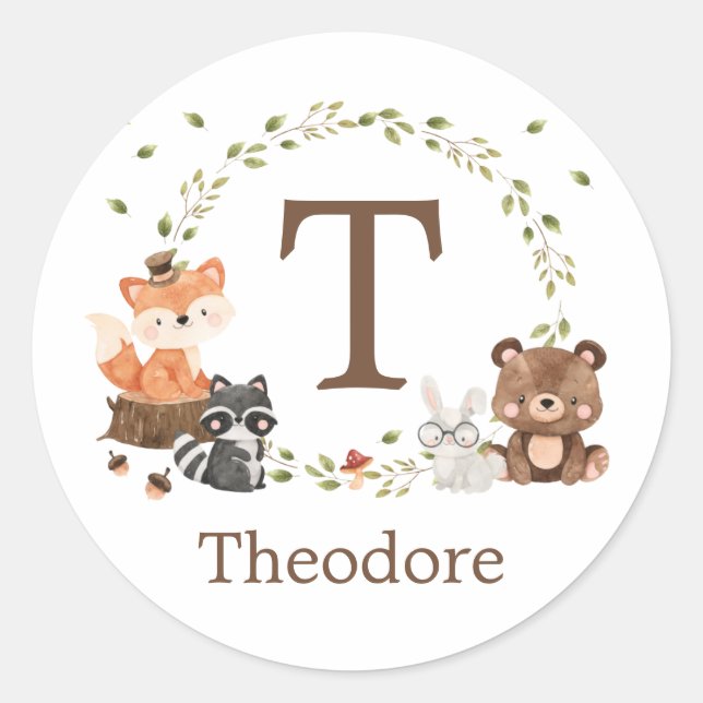 Woodland Animals Custom Monogram Runder Aufkleber (Vorderseite)