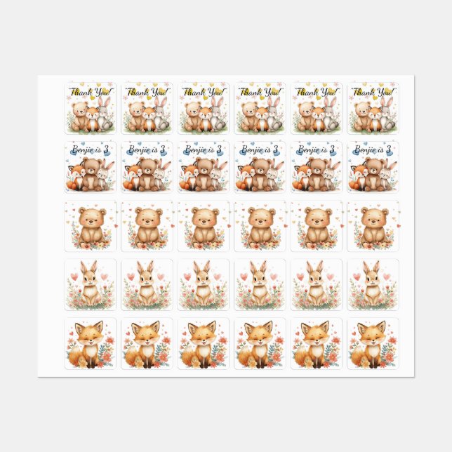 Woodland Animals Cute Bear Fox Bunny Kids Birthday Etiketten (Blatt)