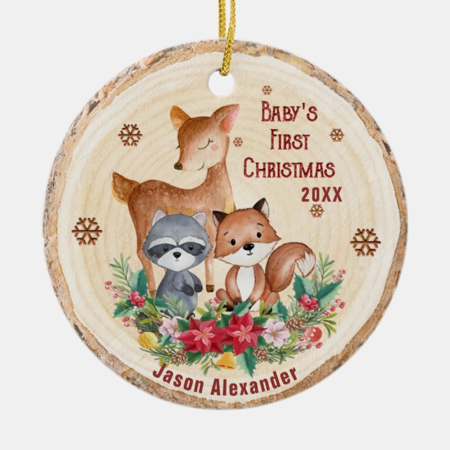 Woodland Animals First Christmas Add Your Photo Keramik Ornament (Vorne)