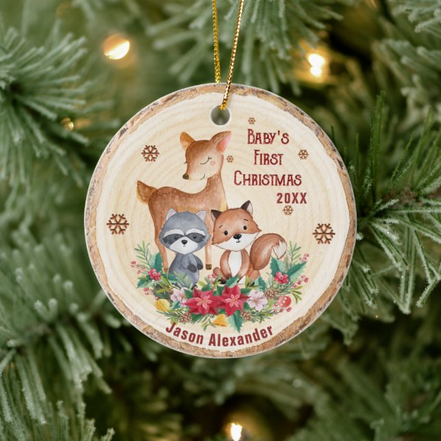 Woodland Animals First Christmas Personalized  Keramik Ornament (Baum)