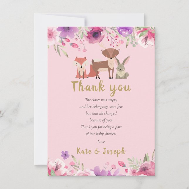Woodland Animals Floral Baby Dusche Danke Gedicht (Vorderseite)