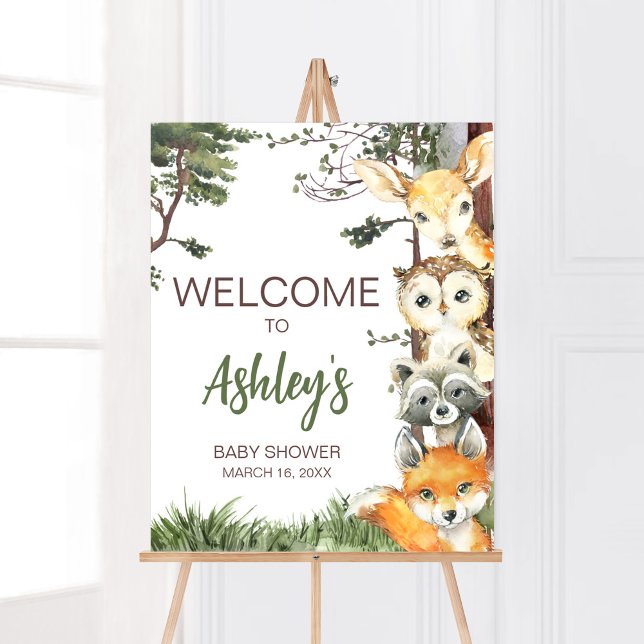Woodland Animals Forest Baby Dusche Willkommen Poster (Woodland Forest Baby Shower Welcome Sign)