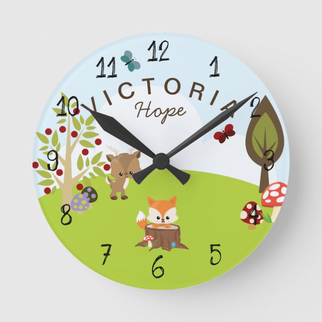 Woodland Animals Forest Friends Fox Nursery Runde Wanduhr (Vorderseite)