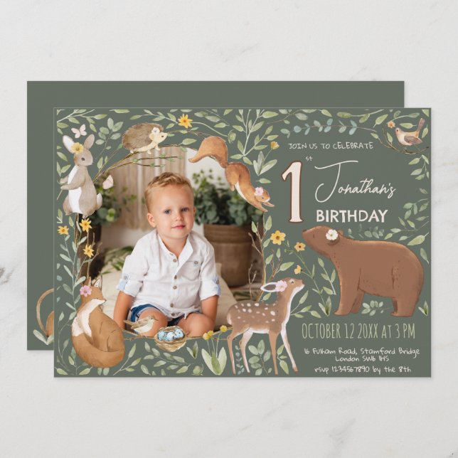 Woodland Animals Forest Friends Kinderdusche Einladung (Vorne/Hinten)