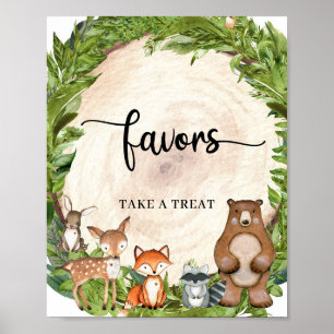 Woodland animals forest wood log slice favors sign poster