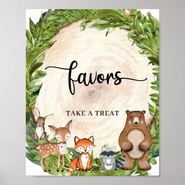 Woodland animals forest wood log slice favors sign poster (Vorne)