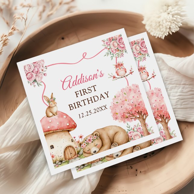 Woodland Animals Girl 1st Birthday Party Serviette (Von Creator hochgeladen)