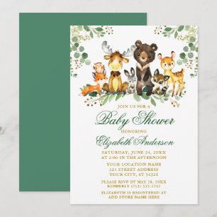 Woodland Animals Gold Green Baby Dusche Einladung