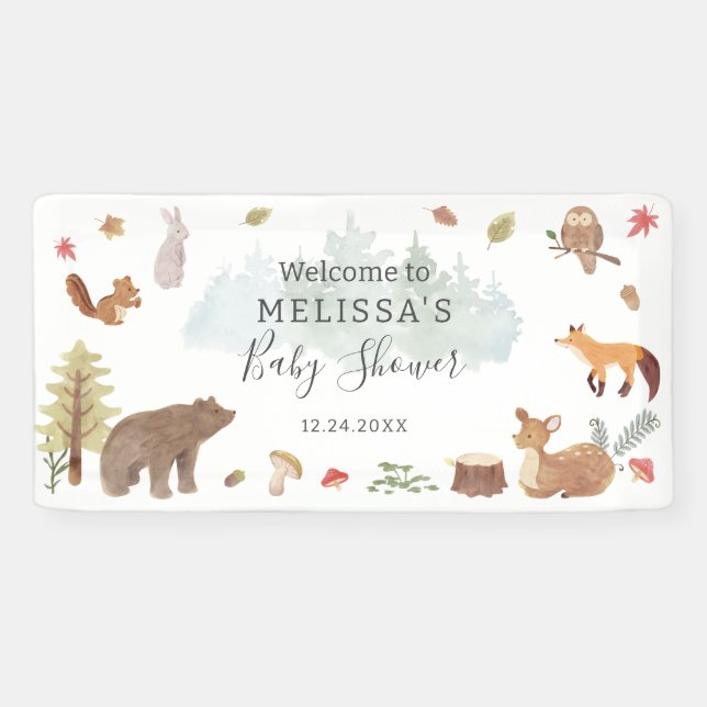 Woodland Animals Greenery Baby Dusche Willkommen Banner (Horizontal)