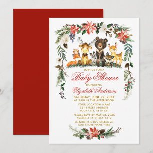 Woodland Animals Holiday Baby Dusche Red Gold Einladung