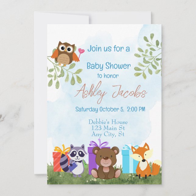 Woodland Animals Kinderdusche Einladung (Vorderseite)