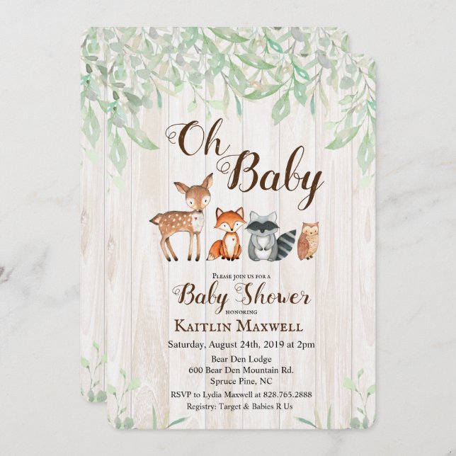 Woodland Animals Kinderdusche Einladung (Vorne/Hinten)