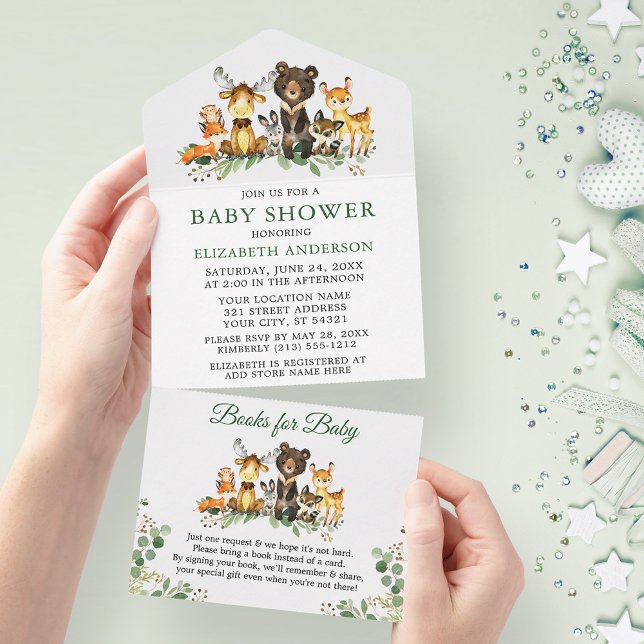 Woodland Animals Kinderdusche und Bücher für Baby All In One Einladung (All In One Baby Shower Invitation with Books for Baby tear off card.)