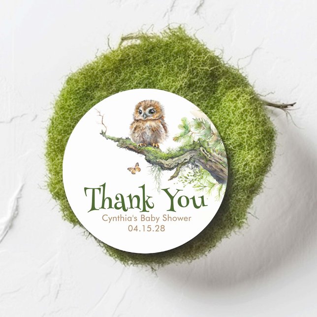 Woodland Animals Little Owl Mossy Wild Vielen Dank Runder Aufkleber (Little Owl Woodland Themed Thank You Stickers)