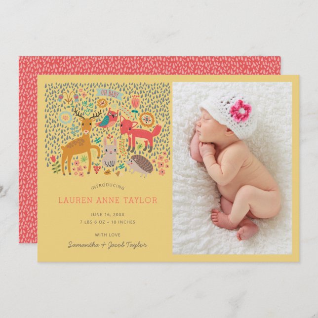 Woodland Animals New Baby Birth Ankündigung (Vorne/Hinten)