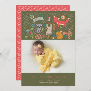 Woodland Animals New Baby Birth Ankündigung