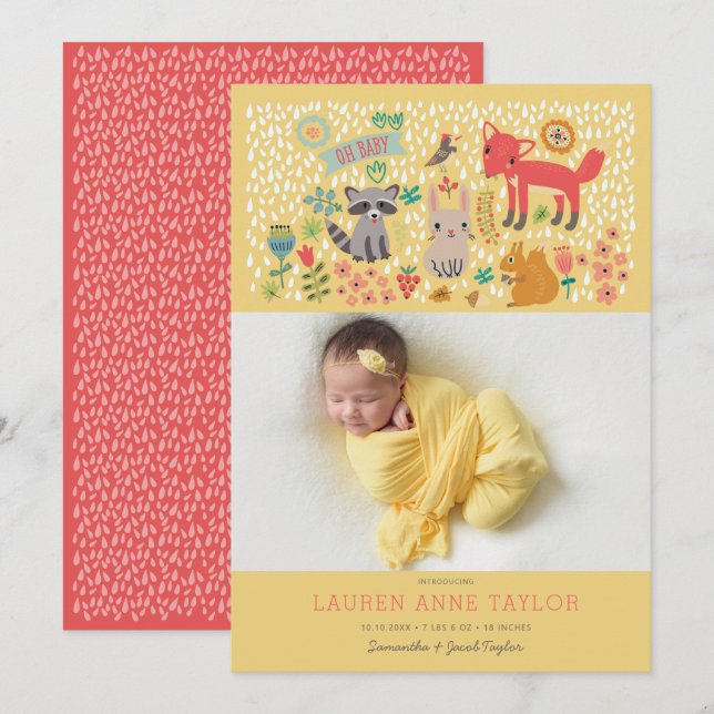 Woodland Animals New Baby Birth Ankündigung (Vorne/Hinten)