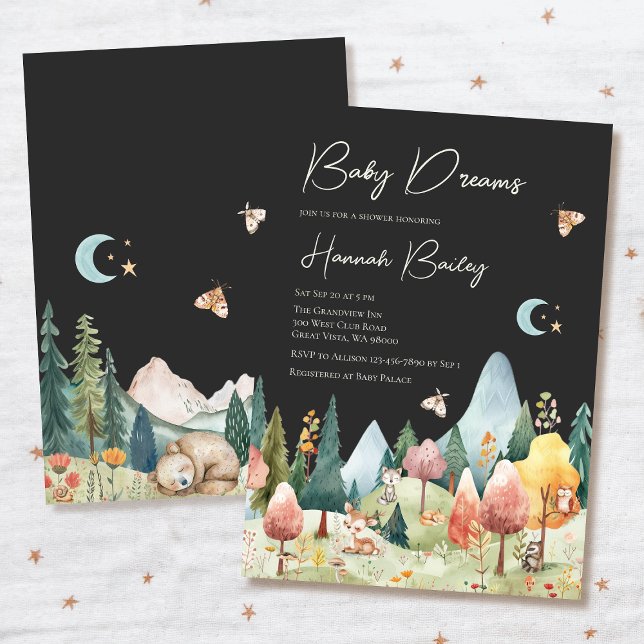 Woodland Animals Night Forest Scene Baby Dusche Einladung (Baby shower invitation with woodland night scene and sleeping animals.)
