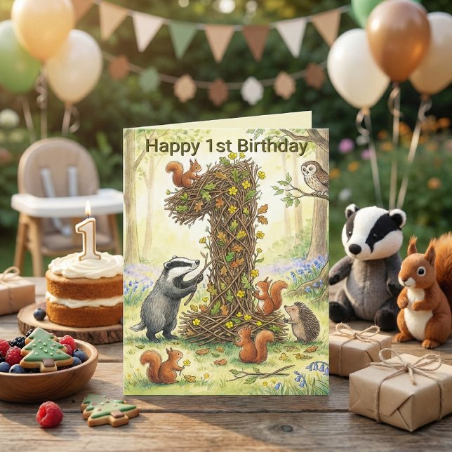 Woodland Animals Number 1 | First Birthday Photo Karte (Woodland Animals Number 1 | First Birthday Photo Card. Badger Squirrel Owl Forest Storybook Art)