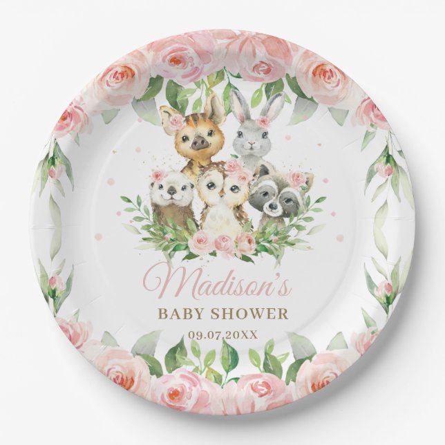 Woodland Animals Owl Pink Floral Girl Babydusche Pappteller (Vorderseite)