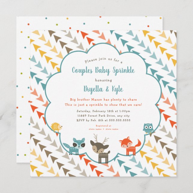 Woodland Animals Paare Baby Sprinkle Einladung (Vorne/Hinten)