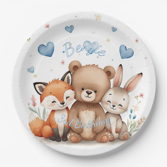Woodland Animals Party Pastel Blue Hearts Floral  Pappteller (Vorderseite)