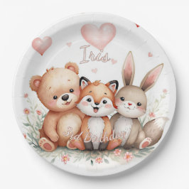Woodland Animals Party Pastel Pink Hearts Floral Pappteller
