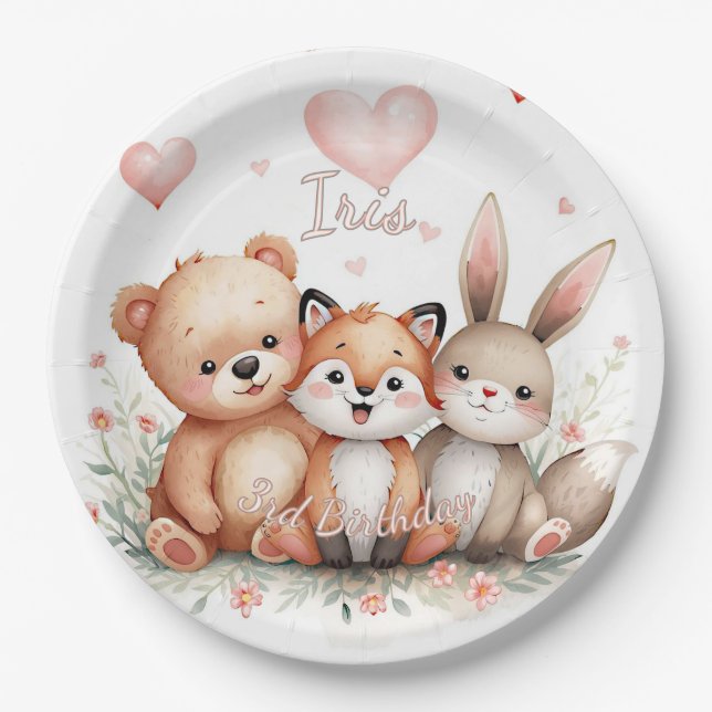 Woodland Animals Party Pastel Pink Hearts Floral  Pappteller (Vorderseite)