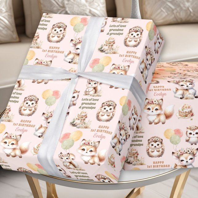 Woodland Animals Pastel Girl 1. Geburtstag Name Geschenkpapier (Woodland Animals Pastel Girl 1st Birthday Name Wrapping Paper)