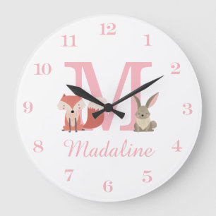 Woodland Animals Pink Baby Girl Initial Monogram Große Wanduhr