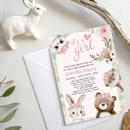 Woodland Animals Pink Boho Girl Babydusche Einladung